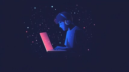A person with headphones using a laptop surrounded by stars in a dark blue and pink color scheme