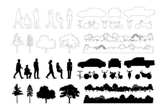 This vector set includes urban and landscape elements—people, vehicles, and plants—in both silhouette and outline styles. Ideal for CAD drawings, diagrams, and presentations