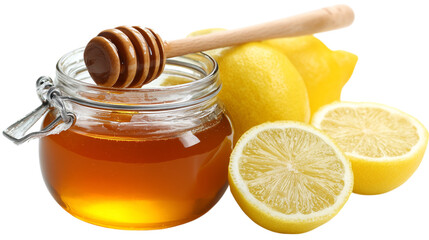 A glass jar of honey, a wooden honey dipper, and fresh lemons are arranged isolated on transparent background.  The image suggests a healthy and natural remedy.

