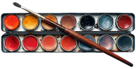A well-loved watercolor paint set, signs of age and use, rests alongside a paintbrush. colors are muted and rich, hinting at countless artistic endeavors. isolated on transparent background
