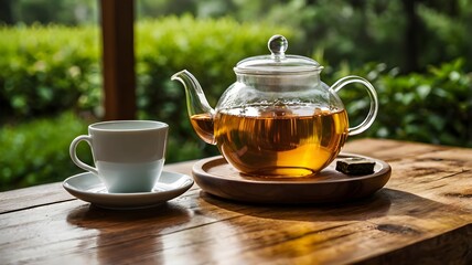 A clear glass teapot filled with amber tea sits beside a white ceramic cup on a polished wooden table, with a garden softly blurred in the background.