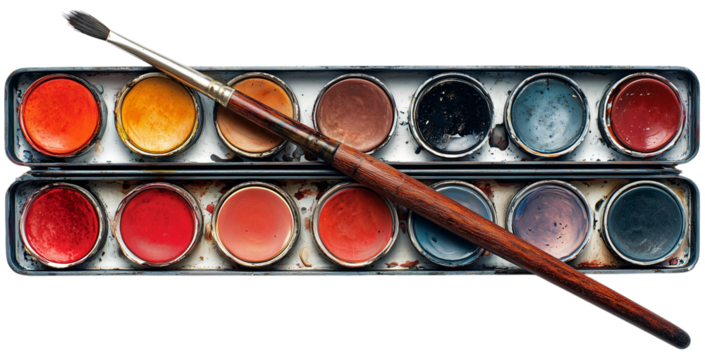 A well-loved watercolor paint set, signs of age and use, rests alongside a paintbrush. colors are muted and rich, hinting at countless artistic endeavors. isolated on transparent background
