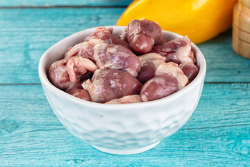 Raw chicken hearts for cooking