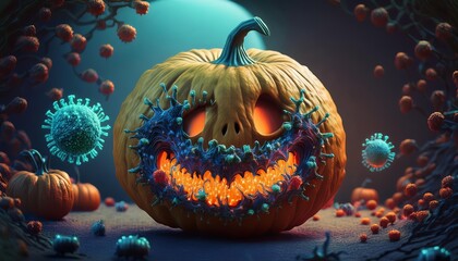 Carved Halloween pumpkin with eerie smile, detailed with viral spikes, surrounded by smaller virus particles, positioned in forest, illuminated by haunting full moonlight, creating a spooky atmosphere