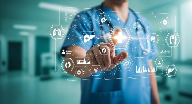 A Doctor In Blue Scrubs Interacts With A Futuristic Holographic Interface, Touching A Glowing Medical Icon In A Blurry Hospital Background, Healthcare Technology, Medical Innovation, Telemedicine