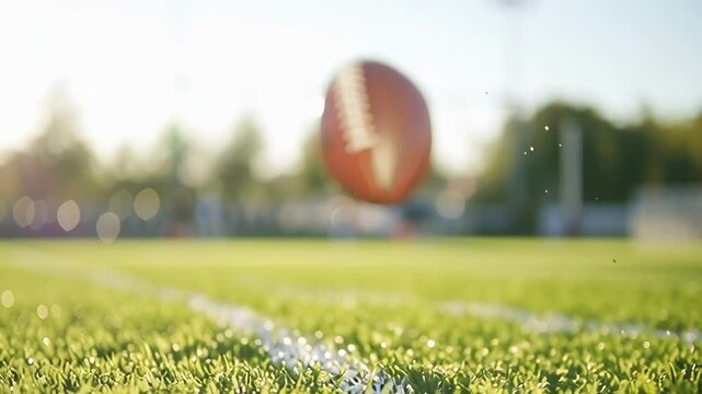 A football is laying on the grass in a field. The field is green and the football is brown