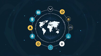 A world map surrounded by various icons representing different services on a dark blue background