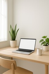 Mock-up with a white screen of laptop, coffee cup, and indoor plants. A clean workspace. Minimalist home office