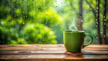 A steaming green mug of coffee sits on a wooden table by a rainstreaked window, offering a cozy and peaceful atmosphere