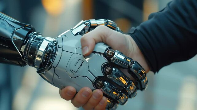 A robot hand is shaking a human hand. The robot hand is white and silver, and the human hand is also white and silver. Concept of technology and human interaction