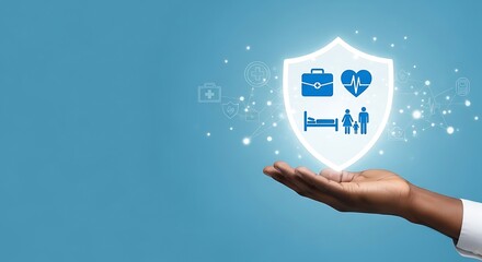 An African American Person's Hand Holding A Glowing Virtual Shield Icon Containing Symbols For Family, Health, Work, And Hospital Care Against A Blue Background, Health Insurance, Family Protection