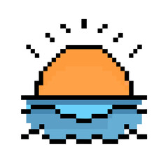 Obraz premium Pixel Art Icon Orange Sunset over Blue Sea with Retro Aesthetic 
