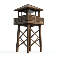 A wooden watchtower with a square base and a pagoda style roof isolated on a white background in full view