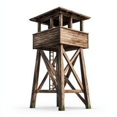 A weathered wooden watchtower with a ladder against a plain background in a studio setting view from below