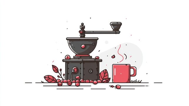 coffee grinder and cup, red and black, minimal style clip art preview