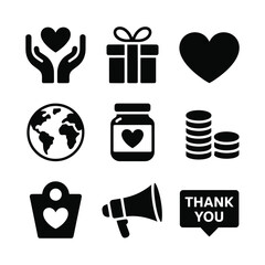 Nine Black Glyph Icons Representing Charity Donation Giving Global Help Thank You vector