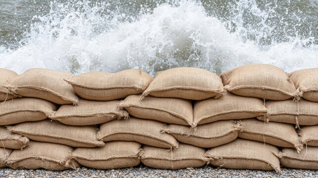 Burlap sandbags stacked as a barrier against incoming waves, water splashing against a wall of sandbags.