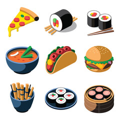 vector icons cooking food chef hat include a pizza slice, a sushi roll, spaghetti and meatballs, a curry bowl burger , fish 
