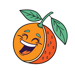 Obraz premium Simple Flat Design of a Cute Laughing Orange Fruit with Green Leaf