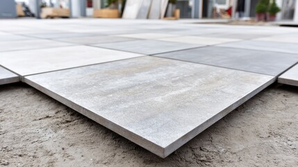 Laying gray and white square paving slabs, on a bed of sand, during construction work.