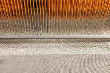 Closeup of Factory Loom in Wool Fabric Production Industrial Weaving Machine and Textile Manufacturing