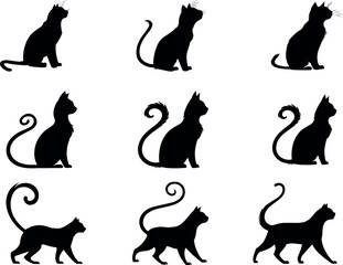 Collection of cat and feline silhouettes in various poses for pet themed vector illustrations