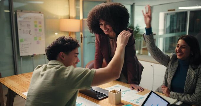 Happy, business people and night with high five for meeting, statistics or performance in office. Group, employees or team working late with laptop or tablet for success, completion or done project