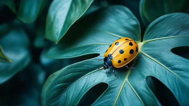 Ladybug on tropical leaf background