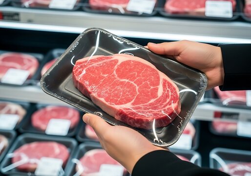 Shopper's Hands Hold A Plastic-Wrapped Package Of Fresh Ribeye Steak In Front Of A Supermarket's Refrigerated Meat Aisle, Grocery Shopping, Food Preparation