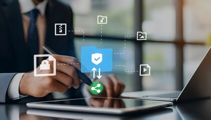 Naklejka premium Businessman manages secure cloud file sharing and data encryption with a digital tablet and stylus, ensuring seamless collaboration.