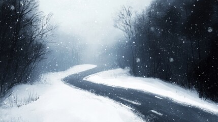 Serene Winter Road: A Snowfall Scene in a Quiet Forest Landscape