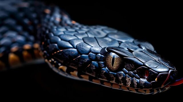 A black snake with a yellow eye. The snake is curled up and has a black and brown pattern