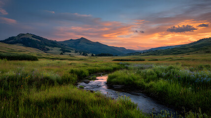 Fototapeta premium Golden Hour Serenity: The Tranquil Symphony of Nature's Untouched Splendor