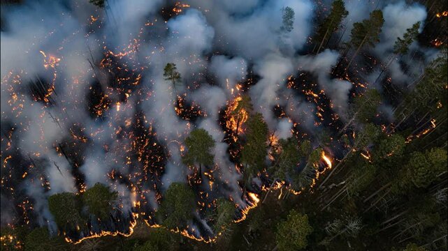 Aerial view of a wildfire burning through a dense forest, with flames and thick smoke rising as trees are consumed by the spreading fire. Environmental disaster scene.
