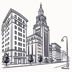 Fototapeta premium Illustration of a cityscape with tall buildings trees and a street lamp in black and white style drawing