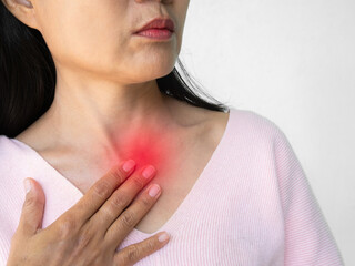 Acid reflux, close up asian woman sick hearburn gerd, medical care good health concept.