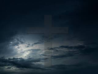 Cross christian god religion on dark sky background, jesus church worship pray catholic grace...