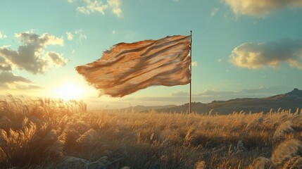 Worn Flag Overlooking Field at Sunset, Symbolizing Resilience and Freedom