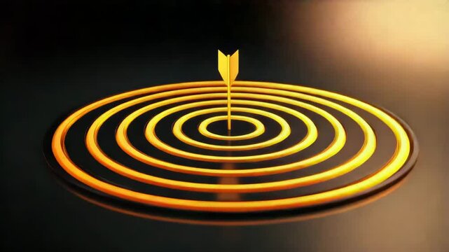 Golden arrow hitting center of glowing golden circular target symbolizing precision, success, focus, and aim in dark background with warm light effect for ultimate achievement and accuracy