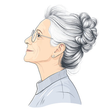 Mature woman in glasses smiling profile white background illustration