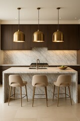 Luxury open-plan kitchen with a marble countertop, three pendant lights, and beige bar stools. Dark wooden cabinets