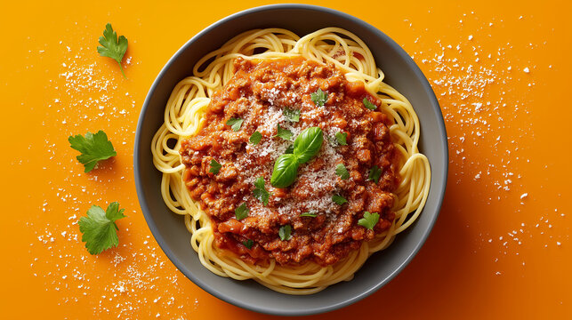 Authentische italienische Spaghetti mit Tomatensauce, Fleisch und frischem Basilikum in Schale auf orangefarbenem Hintergrund