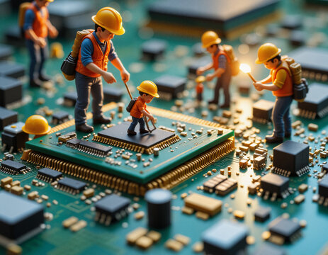 Tiny workers on Blurred background, in the microworld repair electronics circuit board, focusing on a central microchip. Miniature figures use tools, inspect components, electronic parts