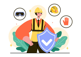 Personal Protection Vector Illustration Featuring Safety Equipment with a Construction Industrial Worker and Construction Tools in a Flat Background
