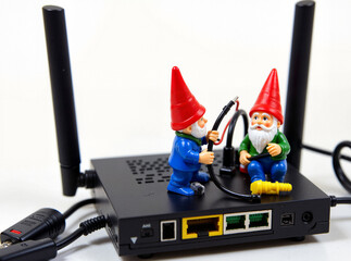 Tiny gnomes worker on Blurred background, in a microworld setting work together on a wi-fi router, handling cables and inspecting microchip components. Electronic ports and antennas in tech workspace