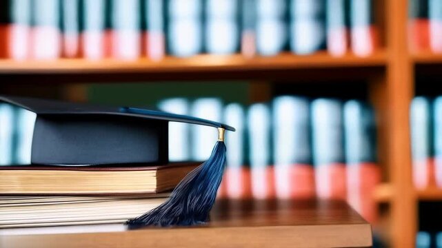 The image shows a stack of books with a graduation cap on top, symbolizing education and achievement