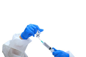 Close-up hands woman doctor who using syringe for draw vaccine from vaccine vial, medical and healthcare