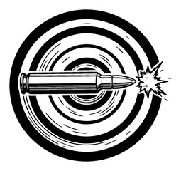 Flying Bullet Decal Hitting Target Center with Impact Splash Black and White Outline Line Art Drawing