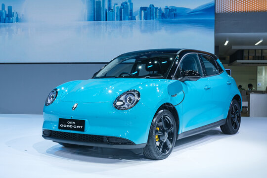 Nonthaburi-Thailand 24 MAR 2025: GWM New ORA GOOD CAT EV Car that show on stage on The 46th Bangkok International Motor Show 2025  on 24 Mar - 6 Apr 2025