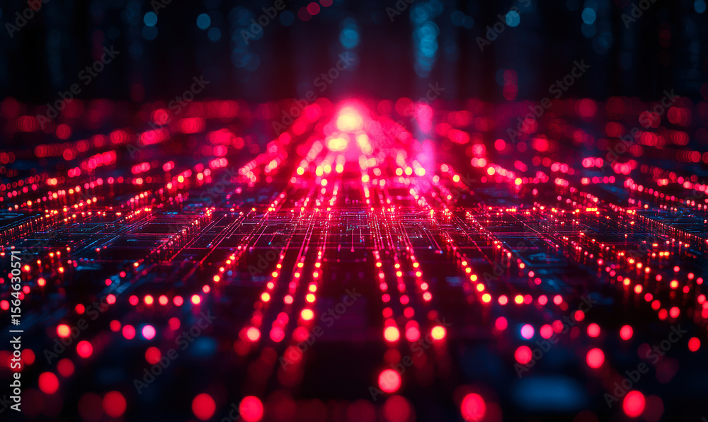 Poster futuristic digital grid with glowing red lights and circuit patterns representing advanced technolog